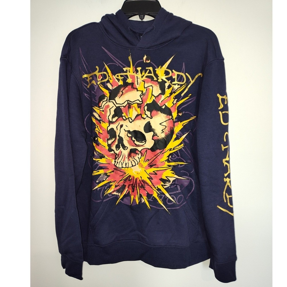 Ed Hardy Mens Navy Blue Skull Graphic Hoodie Y2K Streetwear Pullover Large
